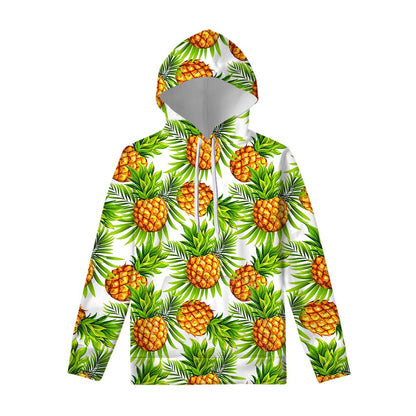 White Tropical Pineapple Pattern Print Pullover Hoodie