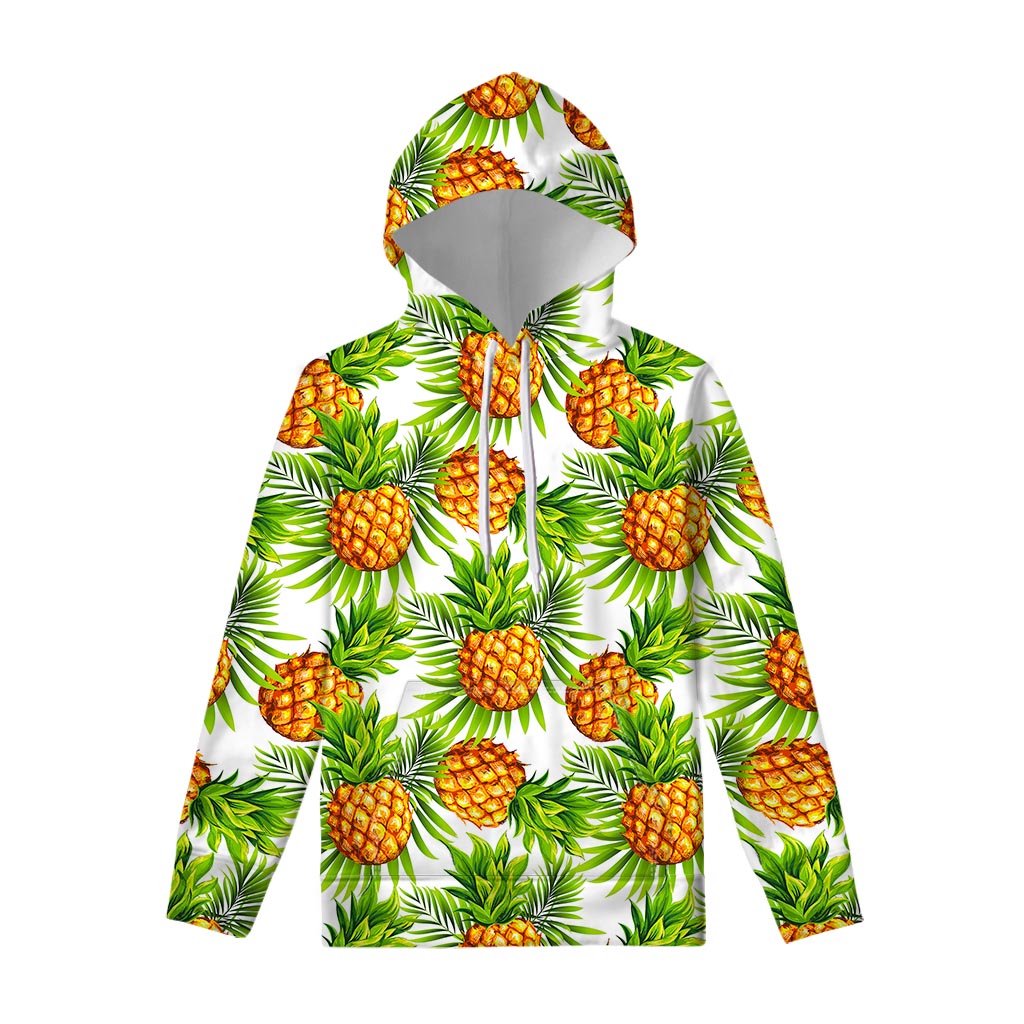 White Tropical Pineapple Pattern Print Pullover Hoodie