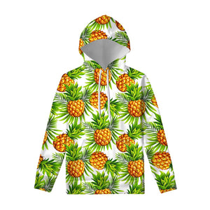 White Tropical Pineapple Pattern Print Pullover Hoodie