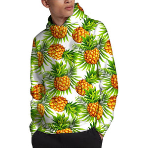 White Tropical Pineapple Pattern Print Pullover Hoodie