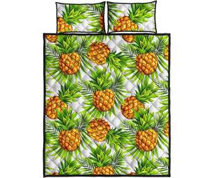 White Tropical Pineapple Pattern Print Quilt Bed Set