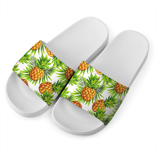 White Tropical Pineapple Pattern Print White Slide Sandals