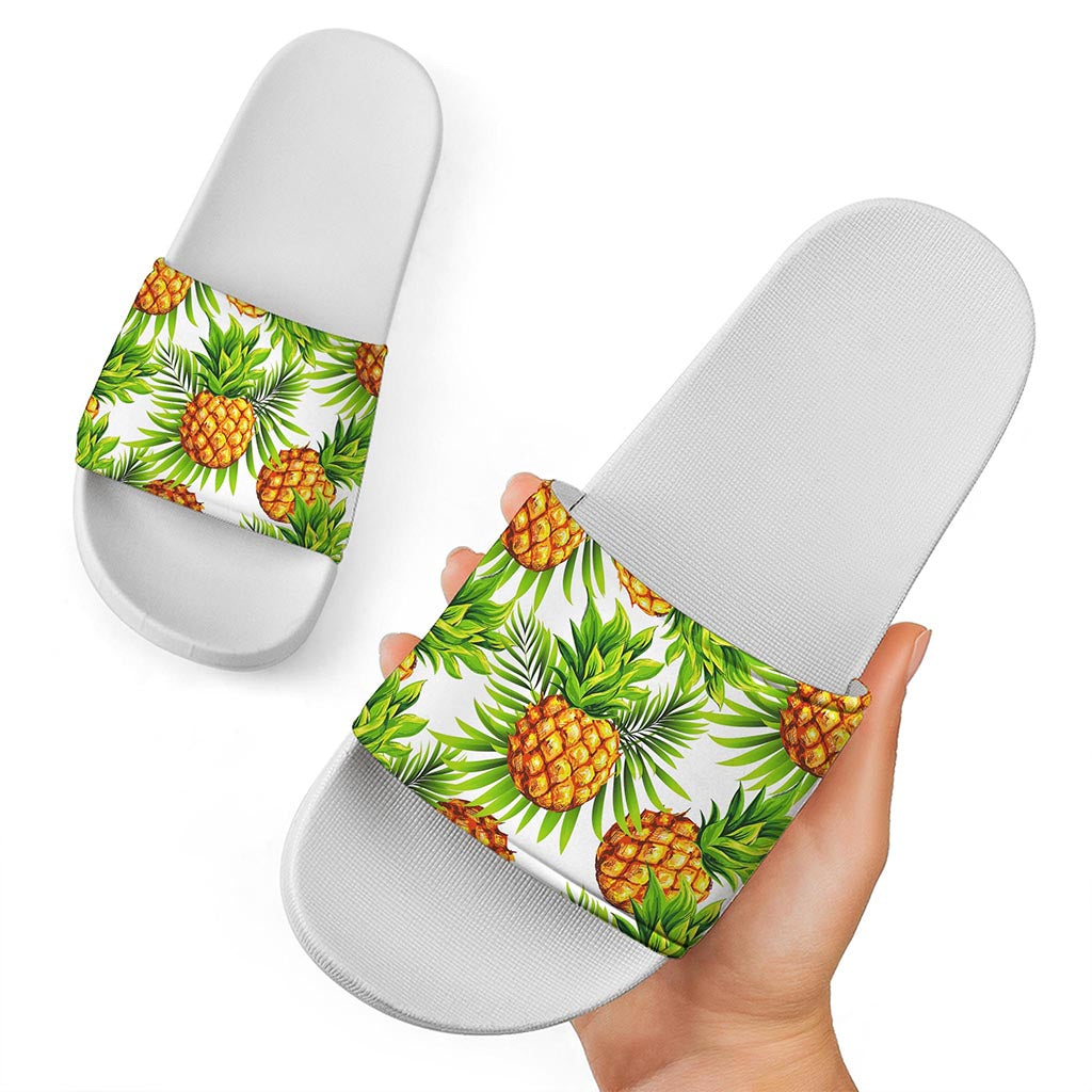 White Tropical Pineapple Pattern Print White Slide Sandals