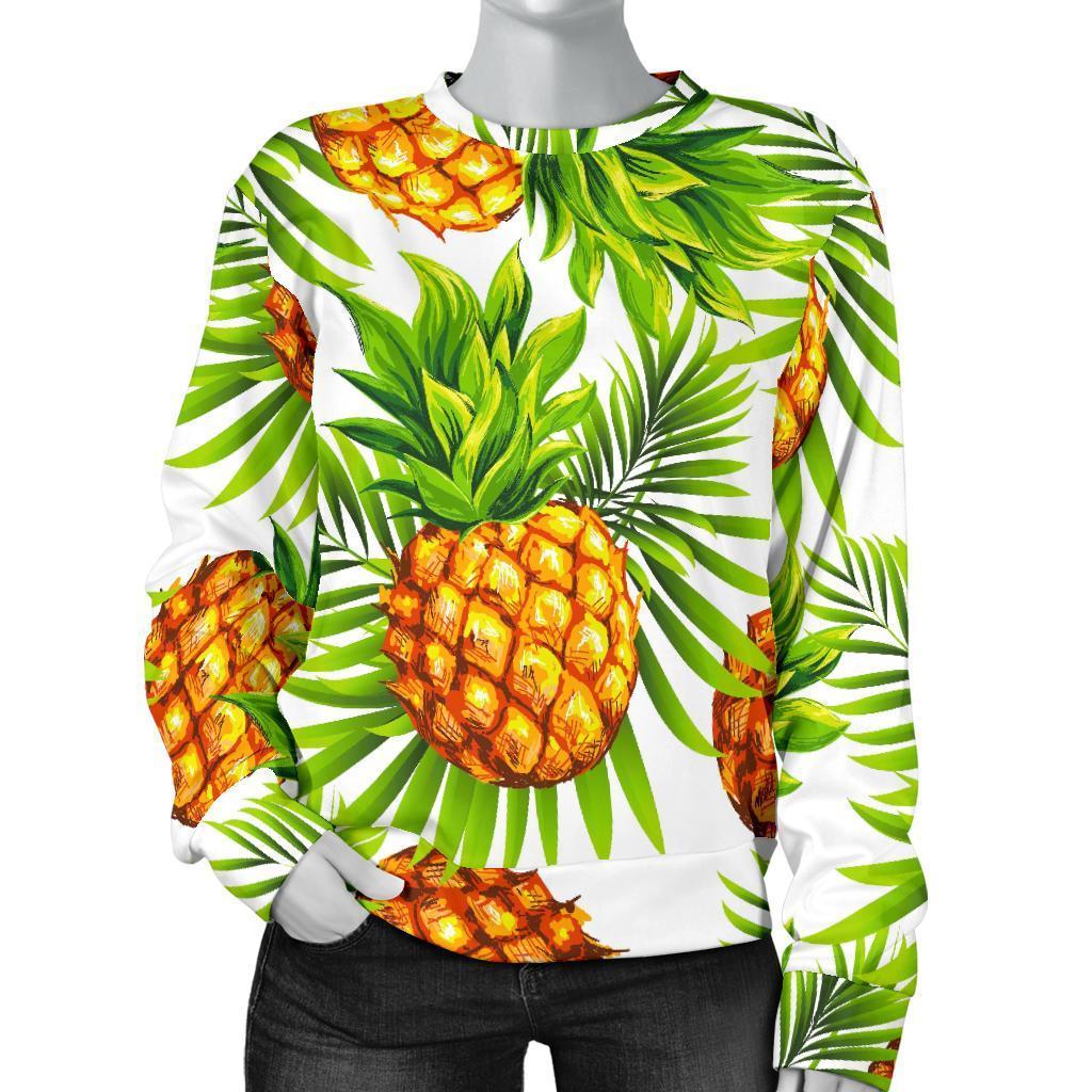 White Tropical Pineapple Pattern Print Women's Crewneck Sweatshirt GearFrost
