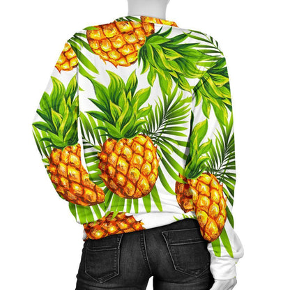 White Tropical Pineapple Pattern Print Women's Crewneck Sweatshirt GearFrost