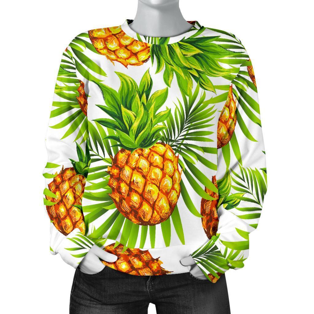 White Tropical Pineapple Pattern Print Women's Crewneck Sweatshirt GearFrost