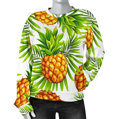 White Tropical Pineapple Pattern Print Women's Crewneck Sweatshirt GearFrost