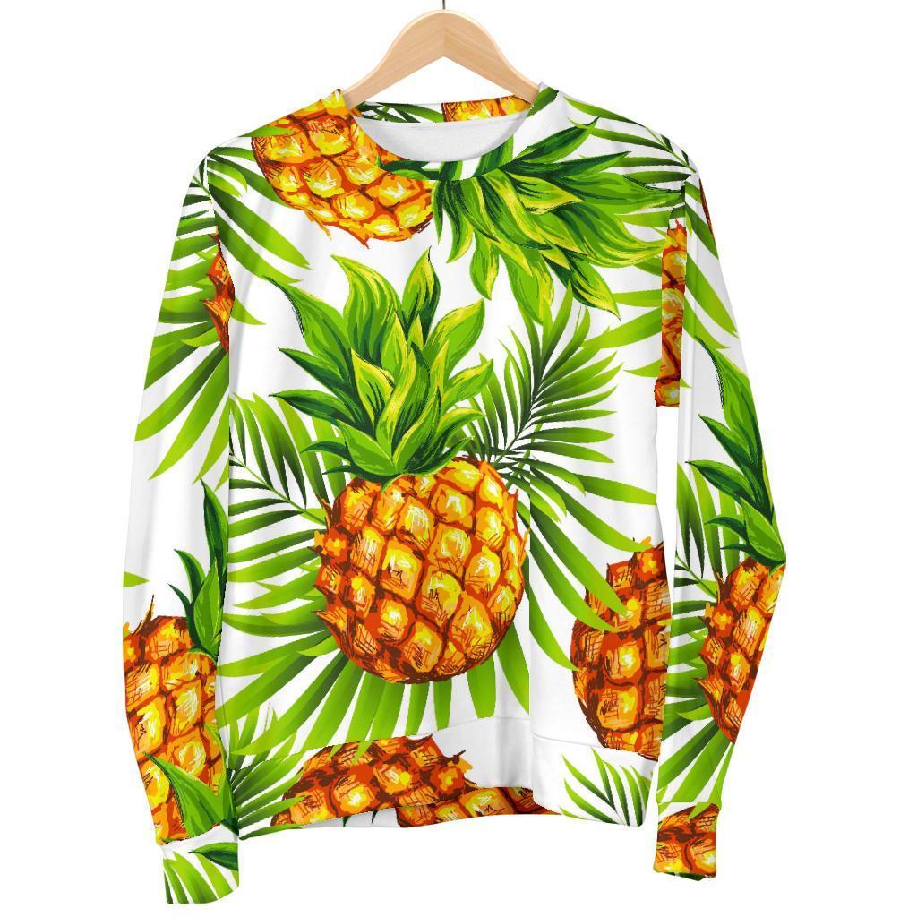 White Tropical Pineapple Pattern Print Women's Crewneck Sweatshirt GearFrost