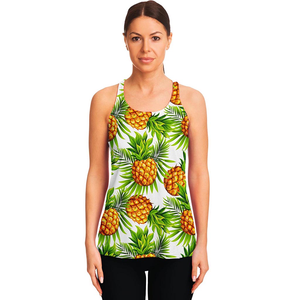 White Tropical Pineapple Pattern Print Women's Racerback Tank Top