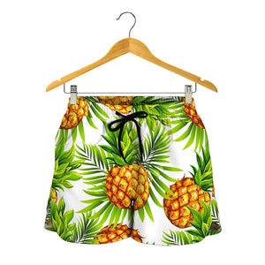 White Tropical Pineapple Pattern Print Women's Shorts