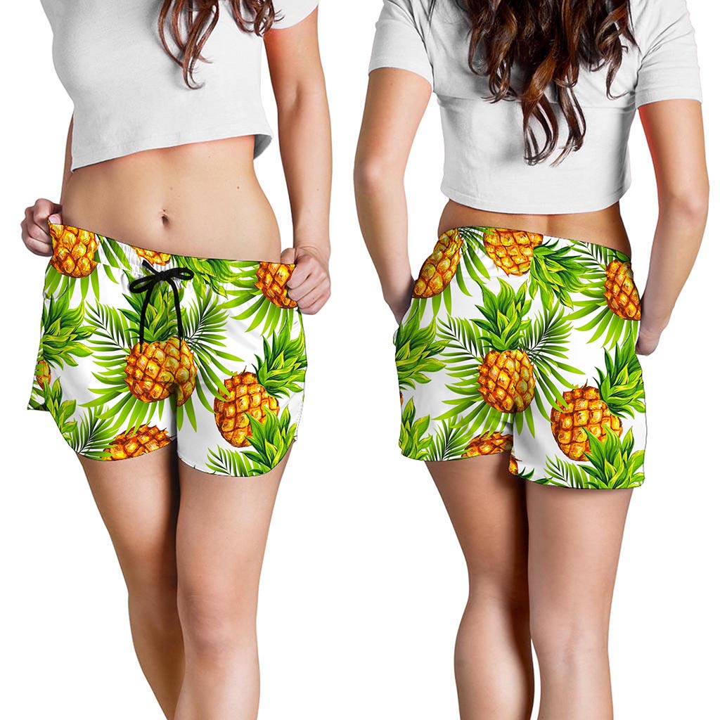 White Tropical Pineapple Pattern Print Women's Shorts