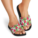 White Tropical Watermelon Pattern Print Black Slide Sandals