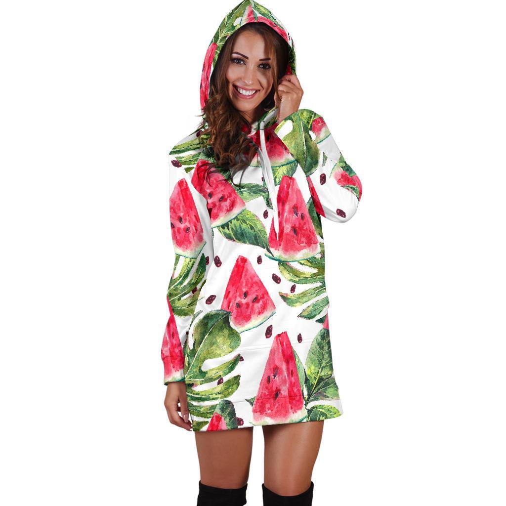 White Tropical Watermelon Pattern Print Hoodie Dress GearFrost