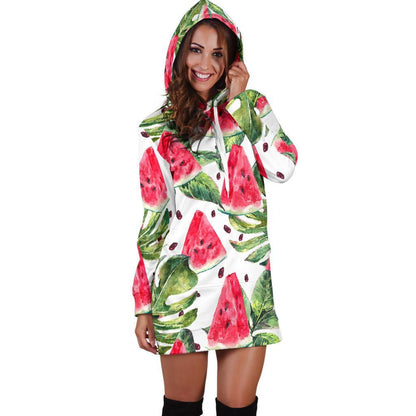 White Tropical Watermelon Pattern Print Hoodie Dress GearFrost