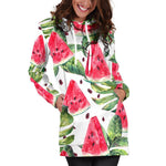 White Tropical Watermelon Pattern Print Hoodie Dress GearFrost