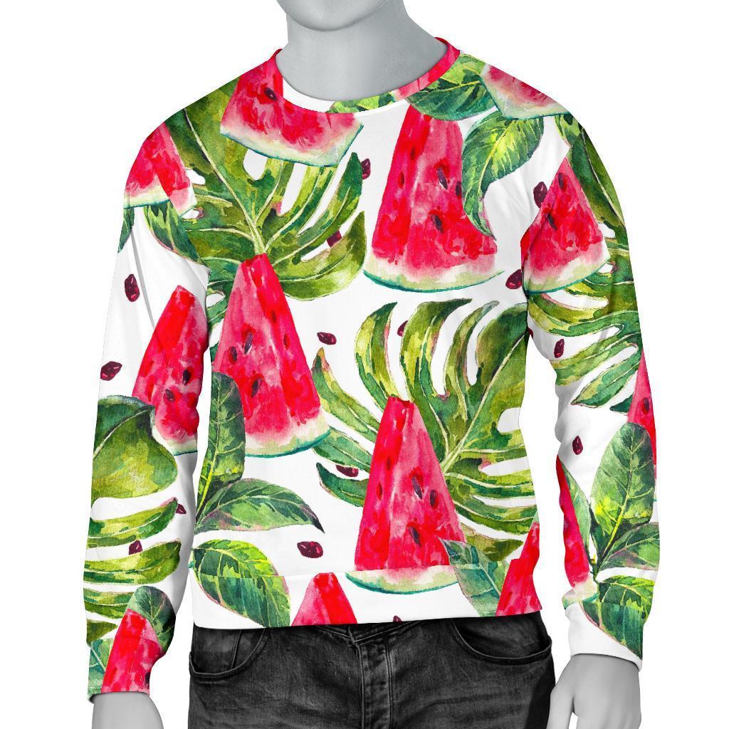 White Tropical Watermelon Pattern Print Men's Crewneck Sweatshirt GearFrost