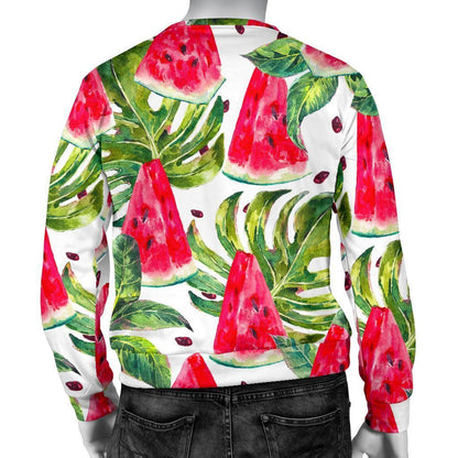 White Tropical Watermelon Pattern Print Men's Crewneck Sweatshirt GearFrost