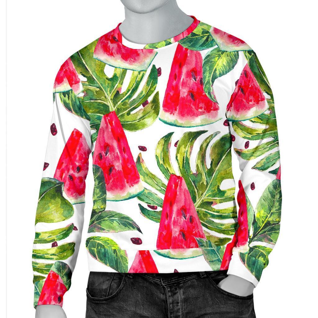 White Tropical Watermelon Pattern Print Men's Crewneck Sweatshirt GearFrost