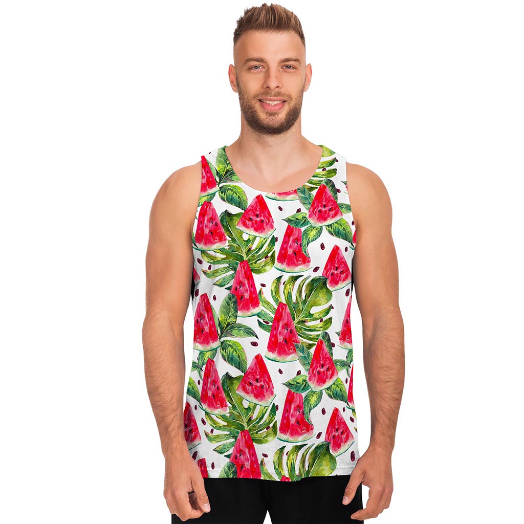 White Tropical Watermelon Pattern Print Men's Tank Top