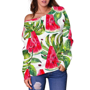 White Tropical Watermelon Pattern Print Off Shoulder Sweatshirt GearFrost