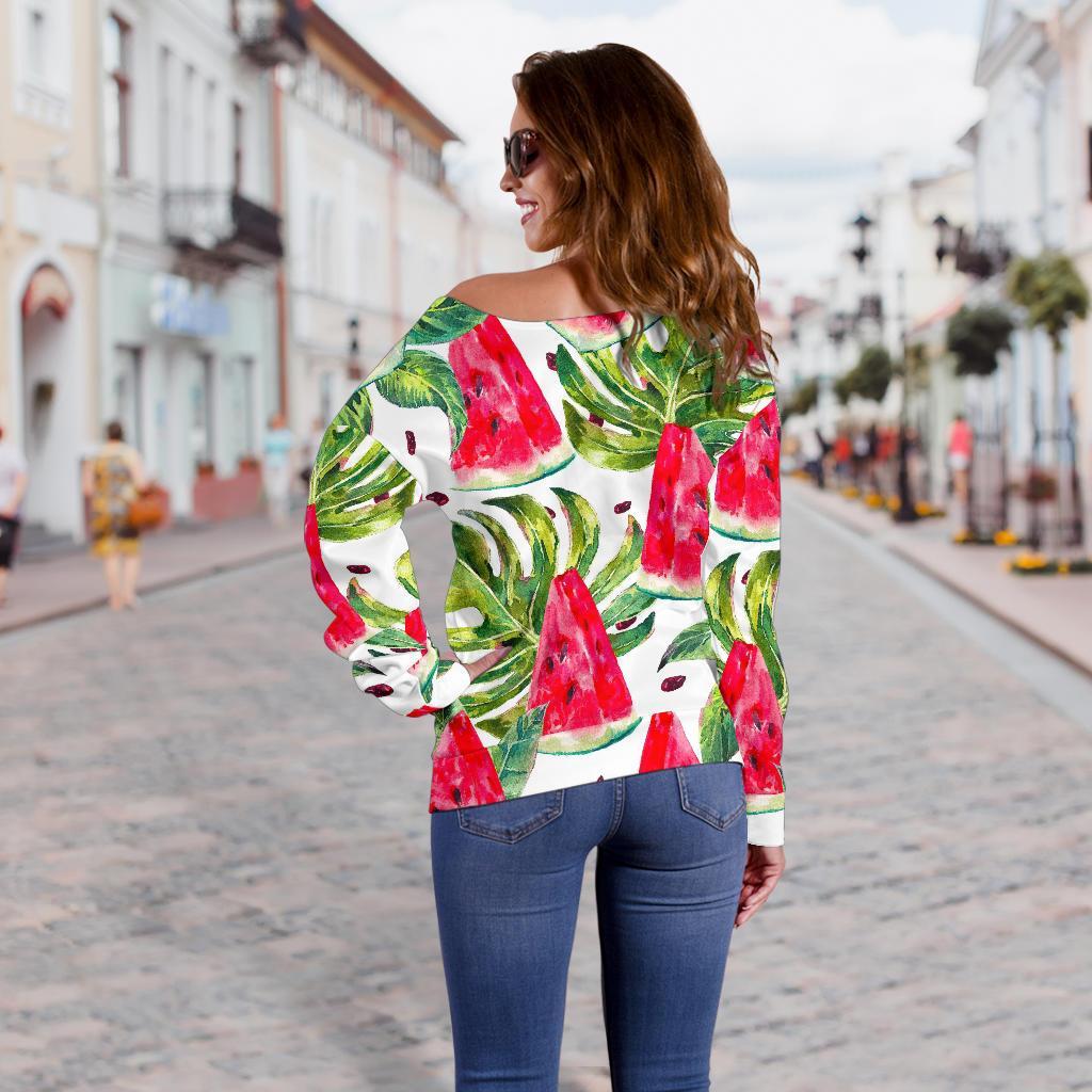 White Tropical Watermelon Pattern Print Off Shoulder Sweatshirt GearFrost