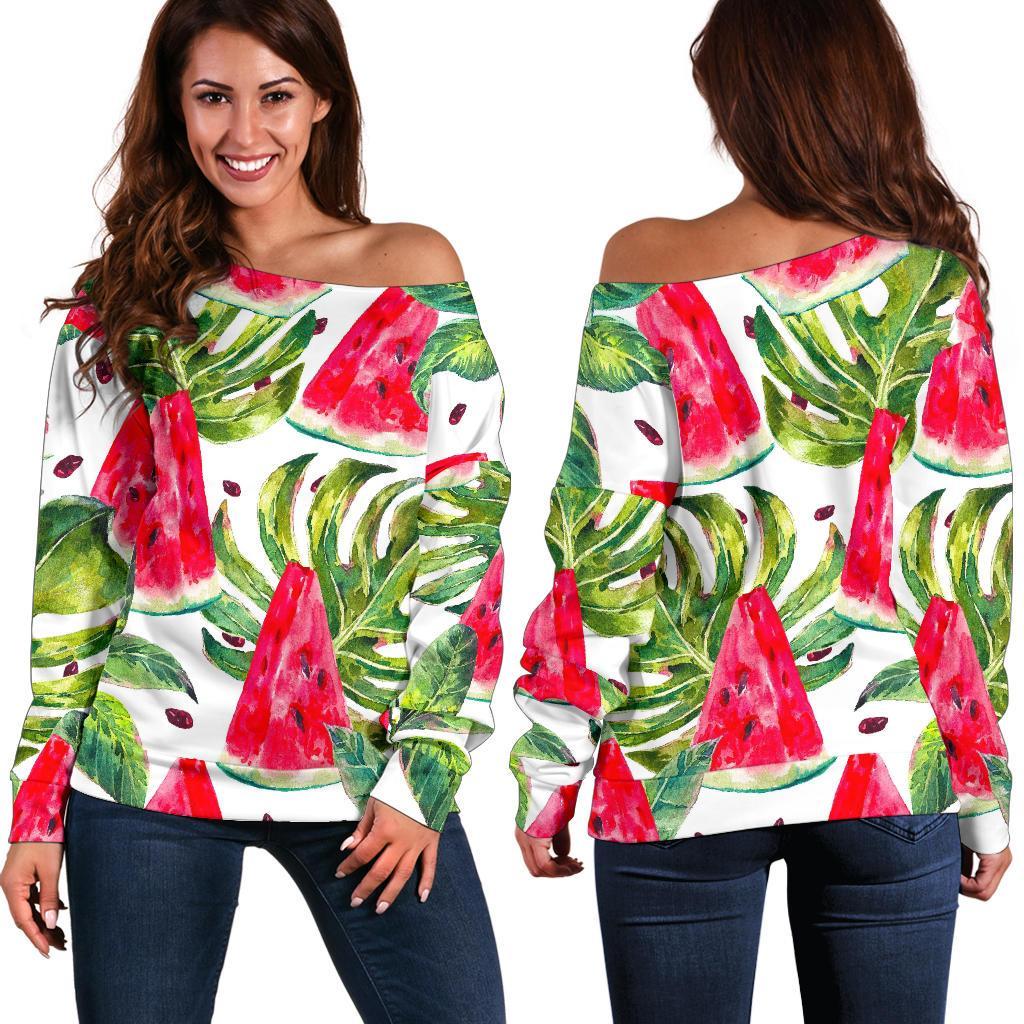 White Tropical Watermelon Pattern Print Off Shoulder Sweatshirt GearFrost