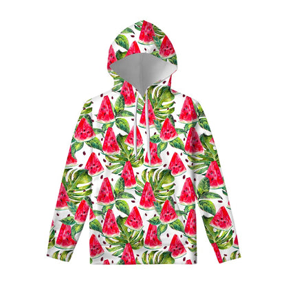 White Tropical Watermelon Pattern Print Pullover Hoodie