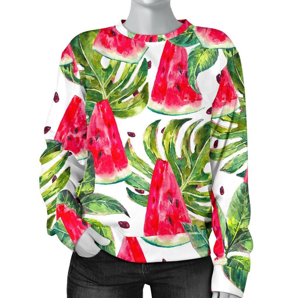 White Tropical Watermelon Pattern Print Women's Crewneck Sweatshirt GearFrost