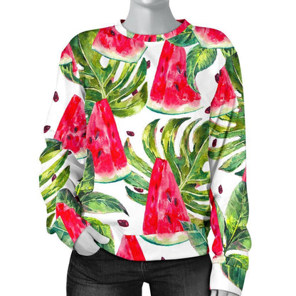 White Tropical Watermelon Pattern Print Women's Crewneck Sweatshirt GearFrost