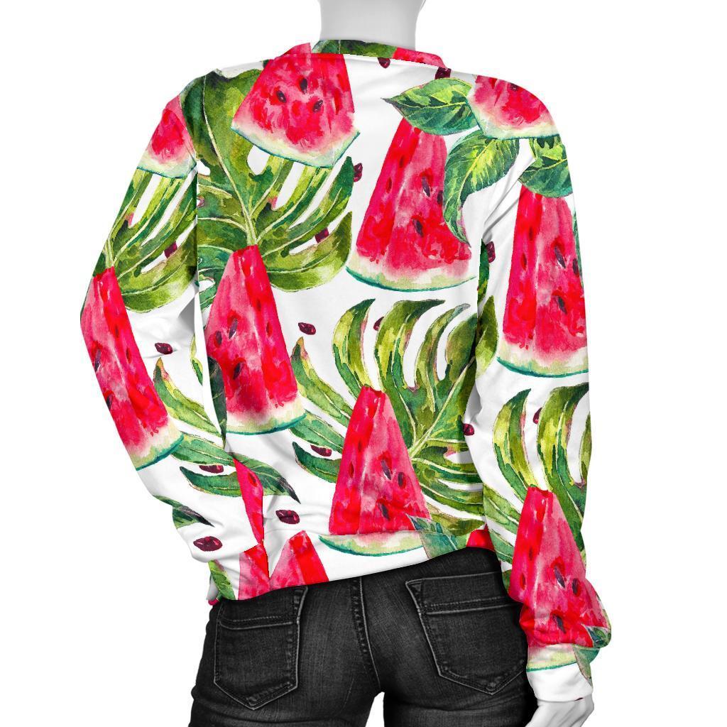 White Tropical Watermelon Pattern Print Women's Crewneck Sweatshirt GearFrost