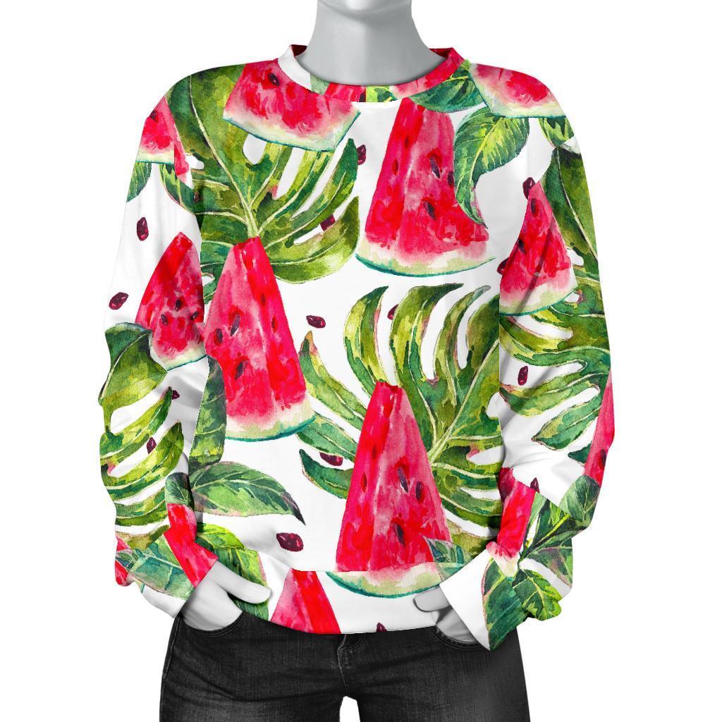 White Tropical Watermelon Pattern Print Women's Crewneck Sweatshirt GearFrost