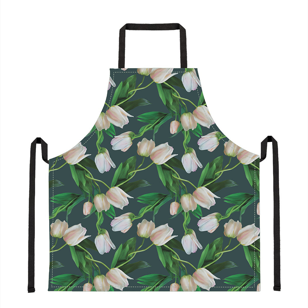 White Tulip Pattern Print Apron