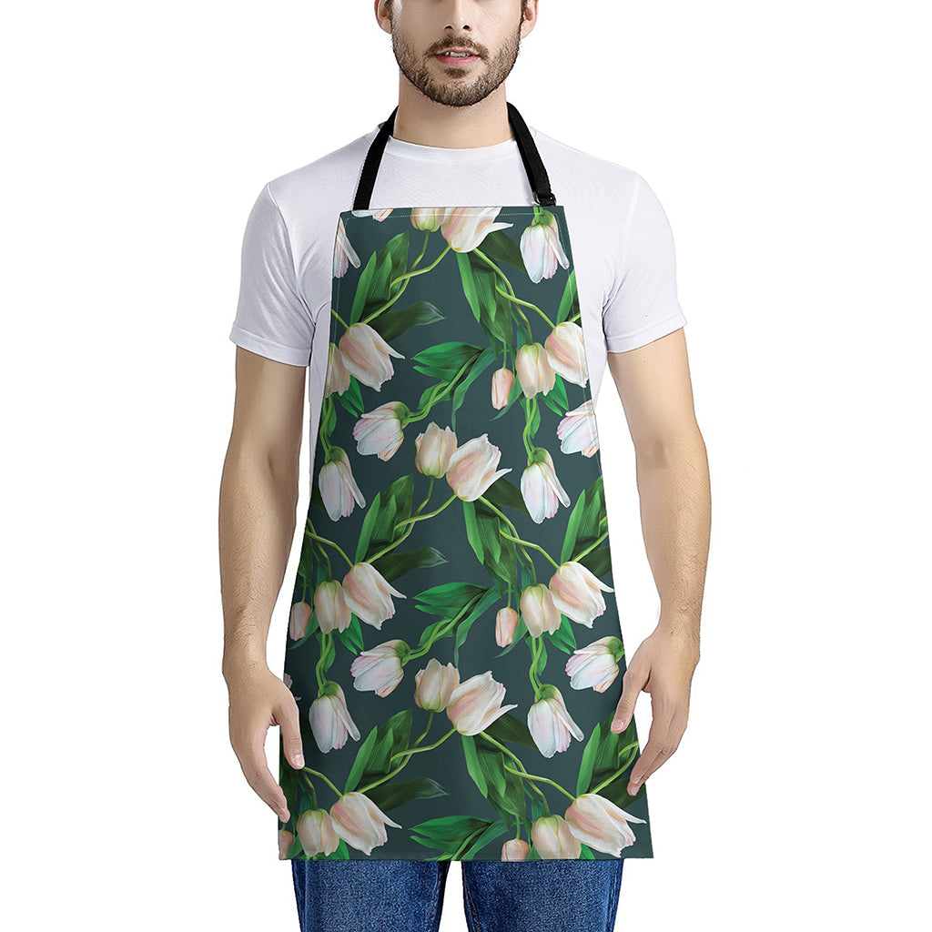 White Tulip Pattern Print Apron