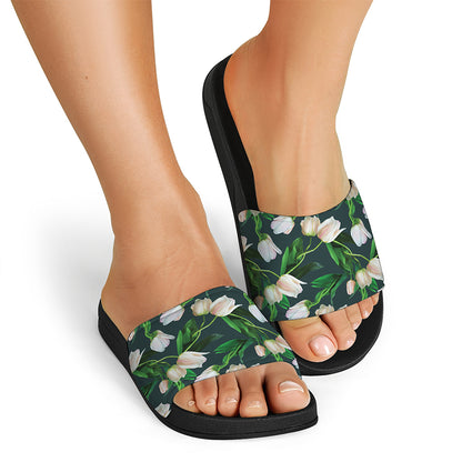 White Tulip Pattern Print Black Slide Sandals