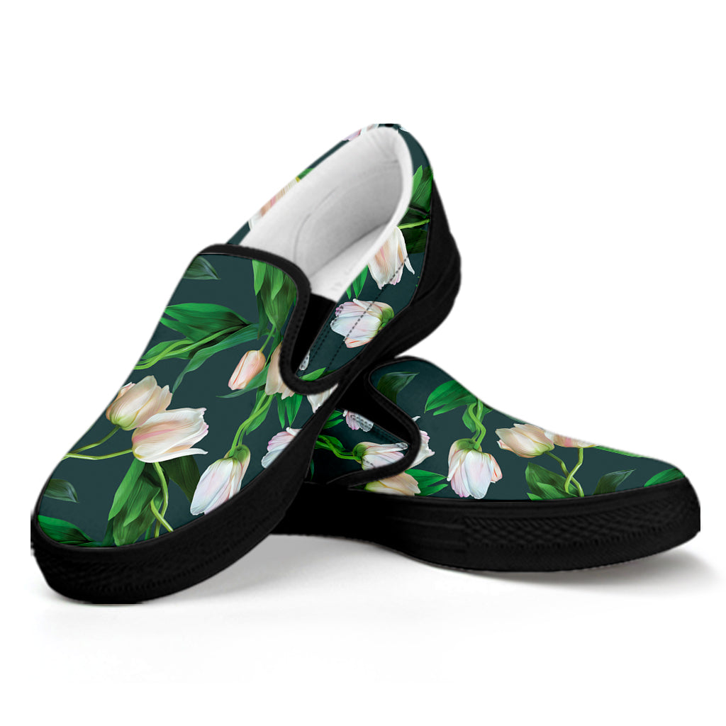 White Tulip Pattern Print Black Slip On Shoes