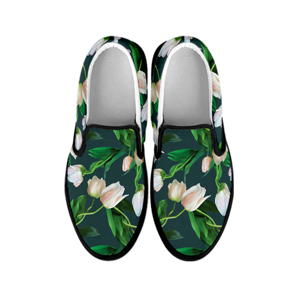White Tulip Pattern Print Black Slip On Shoes
