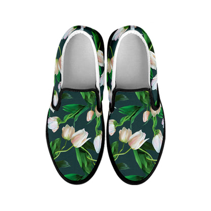 White Tulip Pattern Print Black Slip On Shoes
