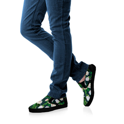 White Tulip Pattern Print Black Slip On Shoes