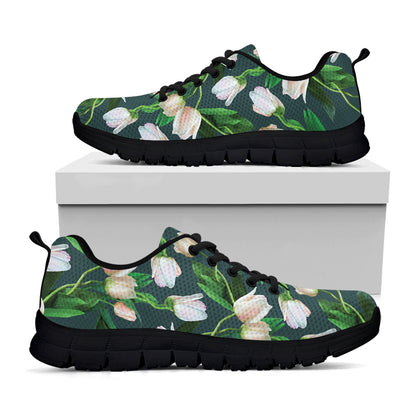 White Tulip Pattern Print Black Sneakers