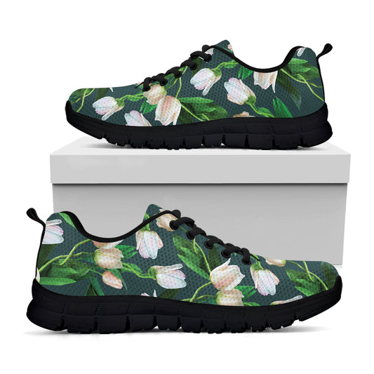 White Tulip Pattern Print Black Sneakers