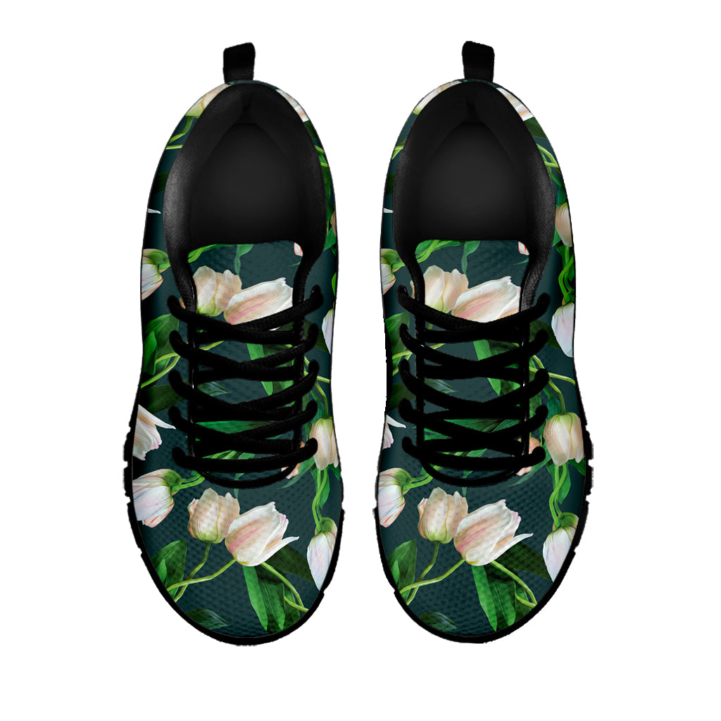White Tulip Pattern Print Black Sneakers