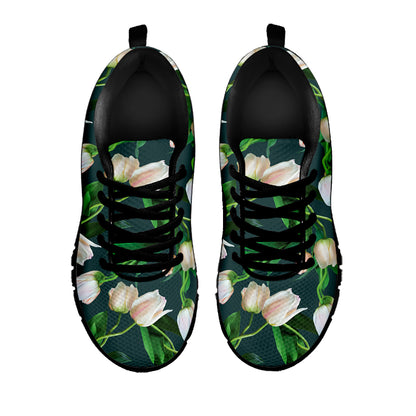 White Tulip Pattern Print Black Sneakers