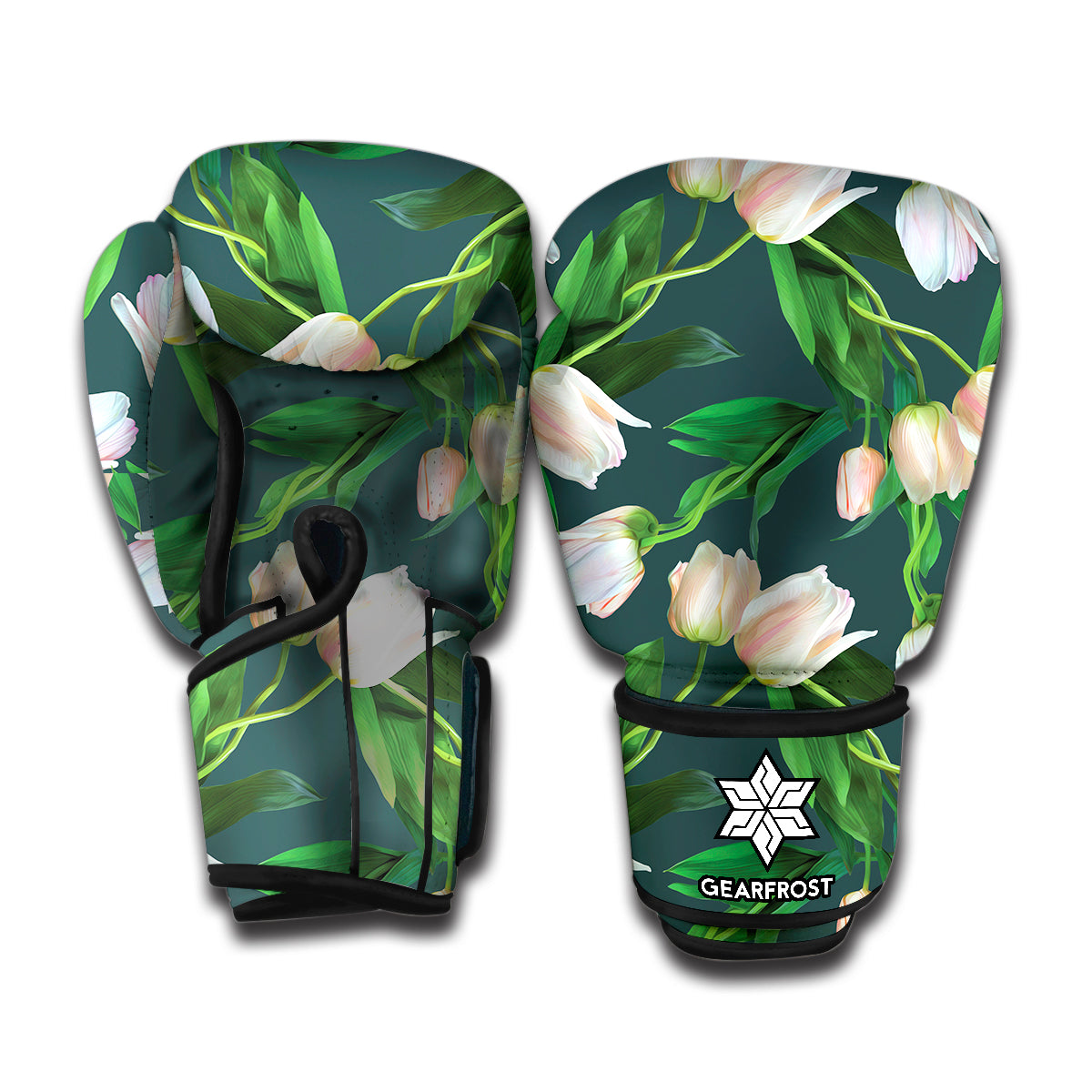 White Tulip Pattern Print Boxing Gloves