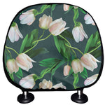 White Tulip Pattern Print Car Headrest Covers