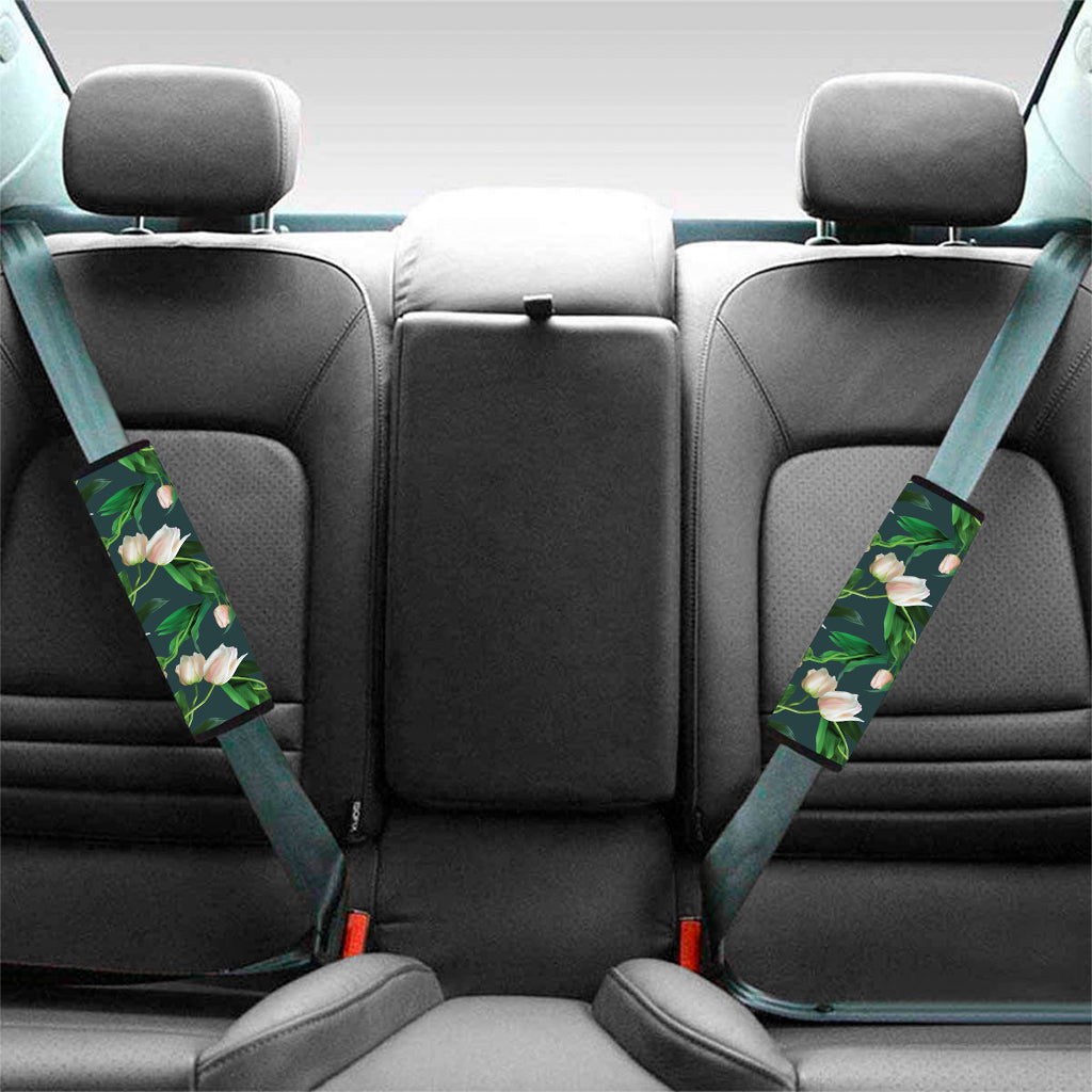 White Tulip Pattern Print Car Seat Belt Covers
