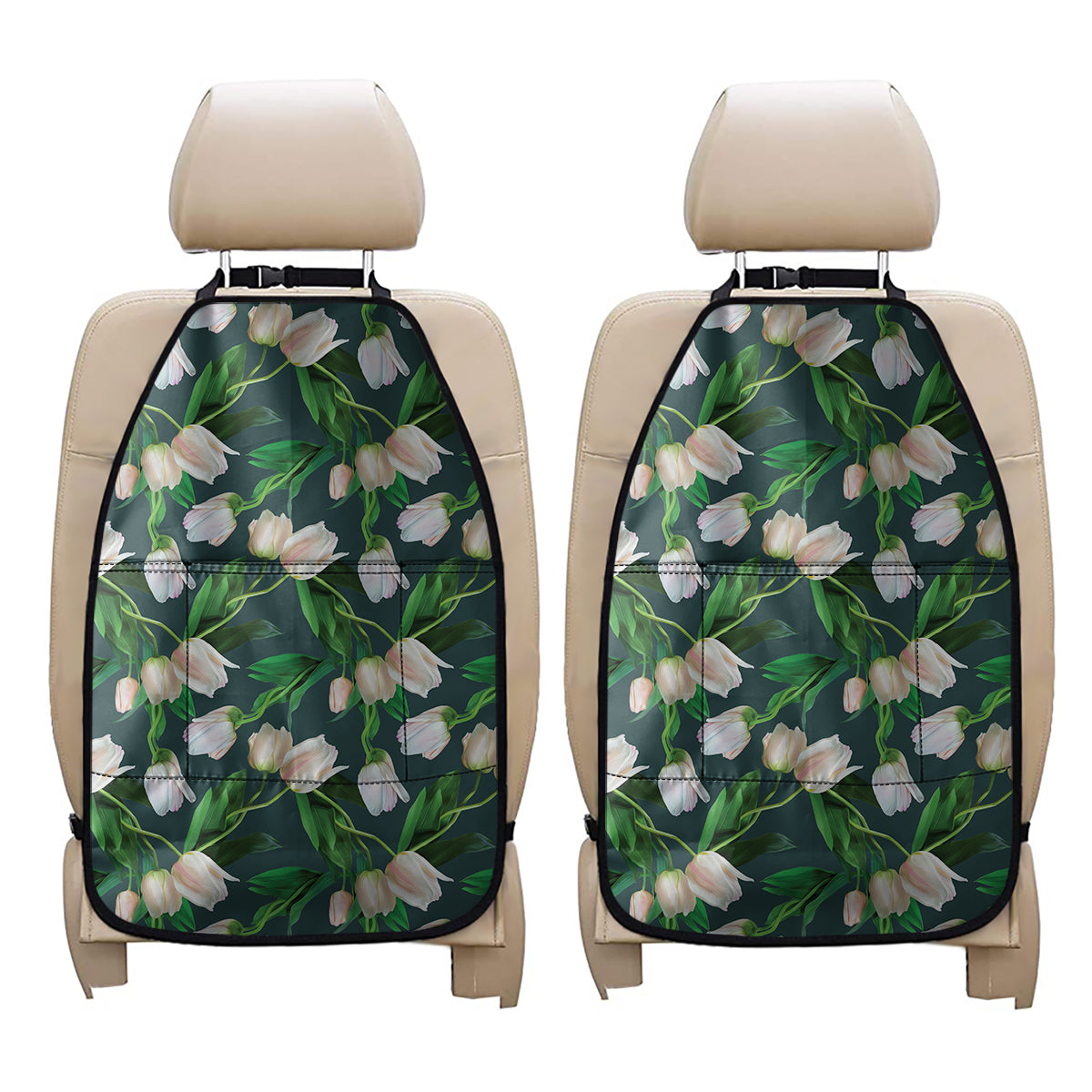 White Tulip Pattern Print Car Seat Organizers