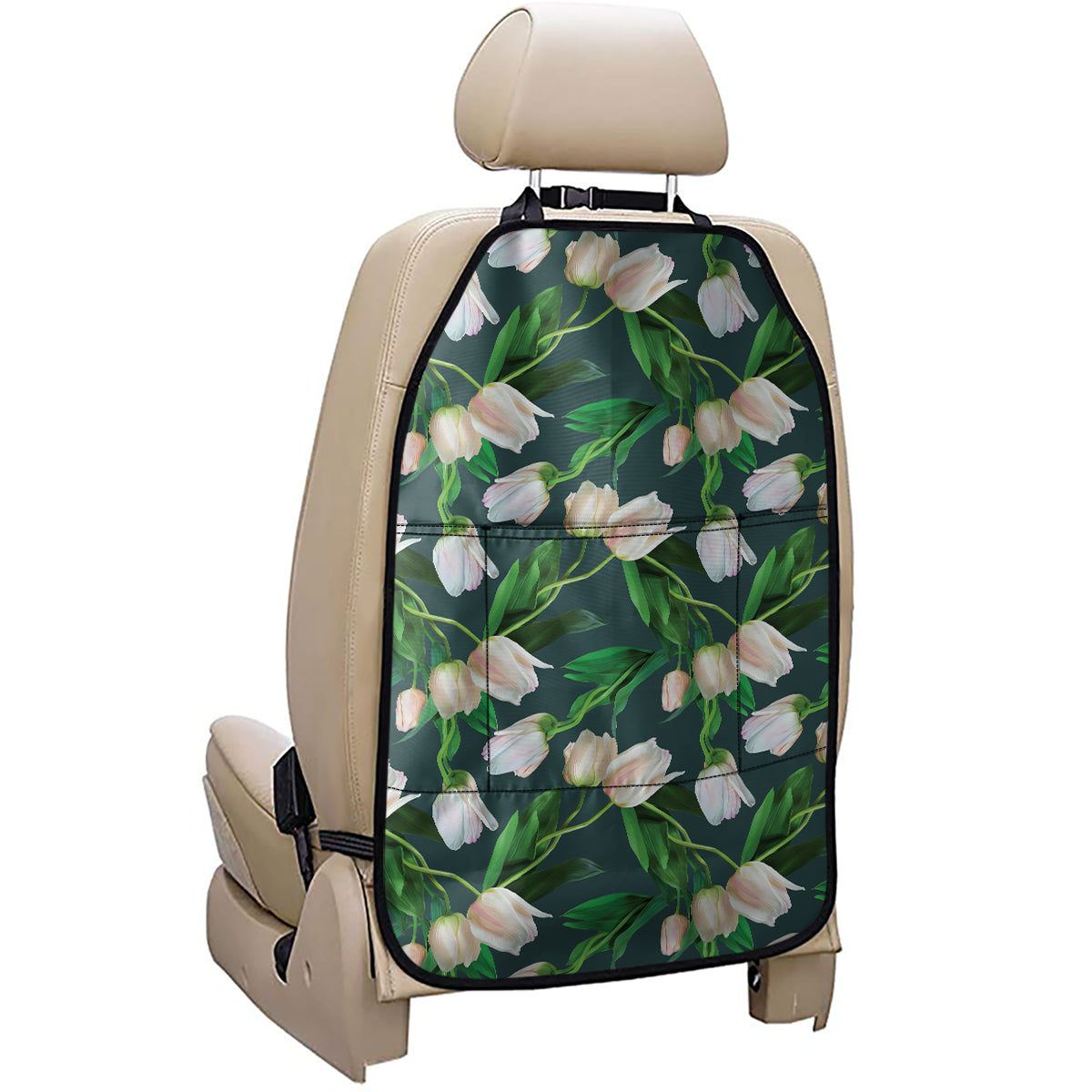 White Tulip Pattern Print Car Seat Organizers