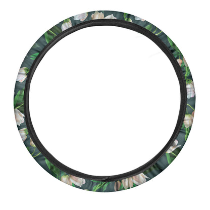 White Tulip Pattern Print Car Steering Wheel Cover