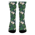 White Tulip Pattern Print Crew Socks