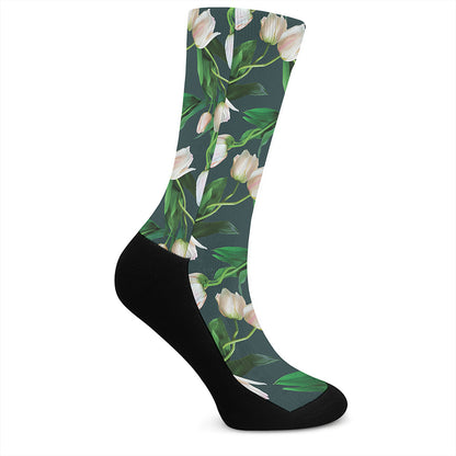 White Tulip Pattern Print Crew Socks